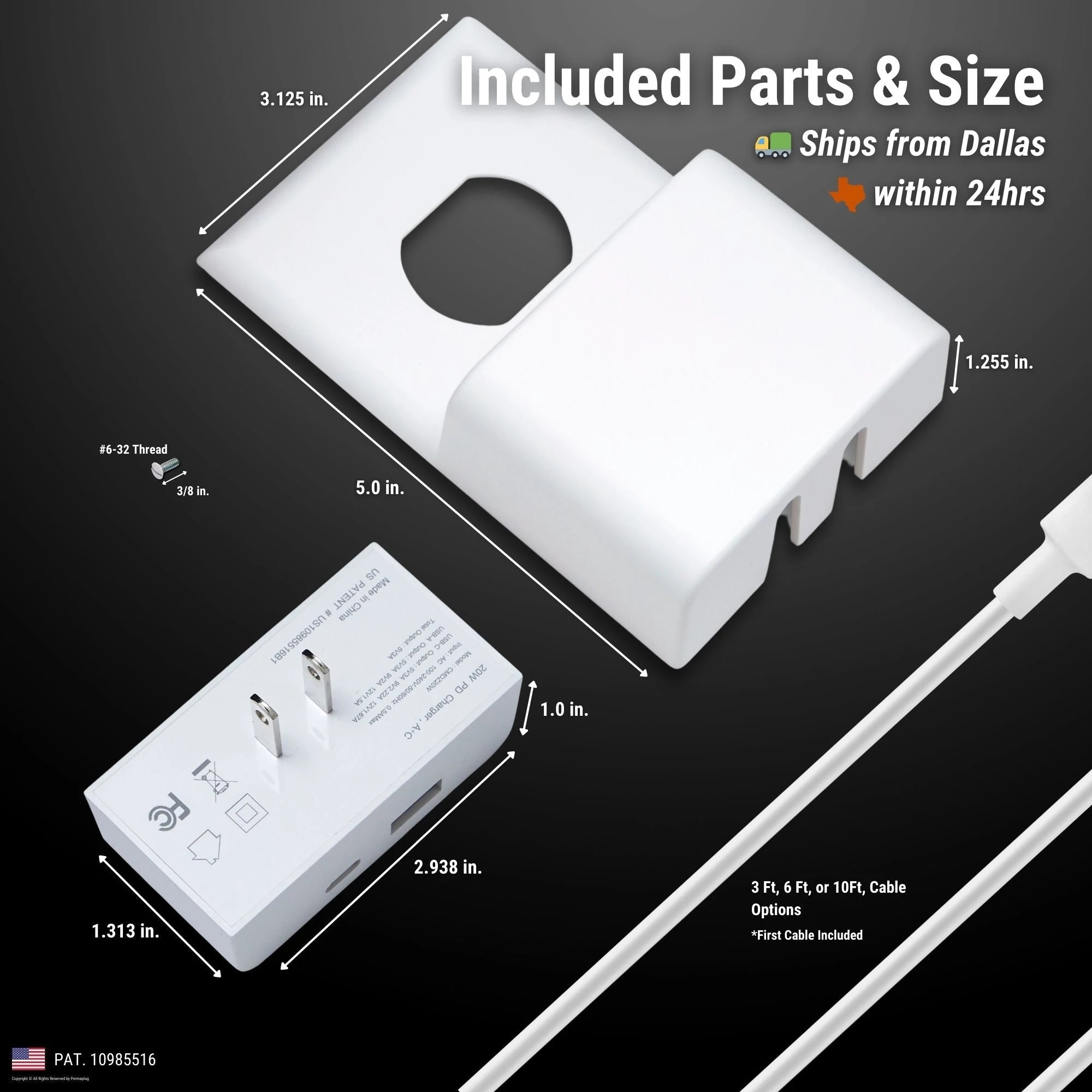 This image details the included parts and dimensions of the Permaplug Charger Lock system. It provides measurements for the charger lock cover (5 inches by 3.125 inches by 1.255 inches), the dual fast charger (2.938 inches by 1.313 inches by 1 inch), and the screw thread (#6-32 thread at 3/8 inch). It also highlights the available cable lengths (3 ft, 6 ft, and 10 ft), with the first cable included in the package. The image notes that the product ships from Dallas within 24 hours, &it carries a U.S. patent