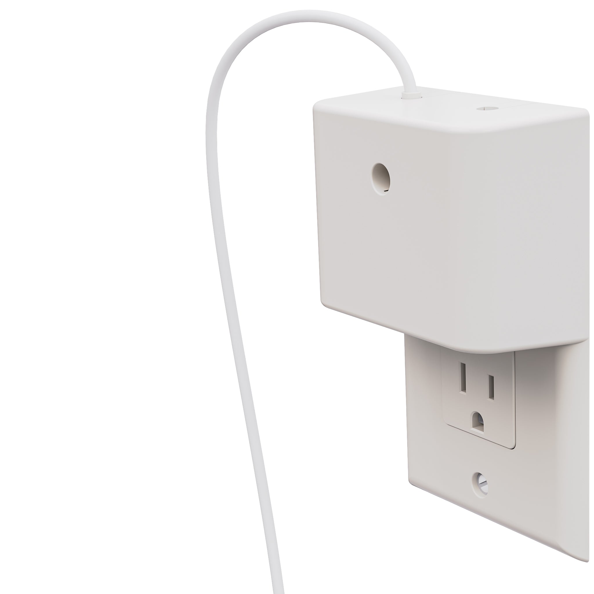 This image provides a close-up view of the Permaplug Charger Lock Decora model installed on a decorator-style outlet. The outlet features screw holes at the top and bottom, characteristic of Decora-style outlets. The charging cable is neatly connected to the lock, highlighting the product's secure fit and organized cable management. This clean, minimalist design emphasizes the functional and aesthetic appeal of the Permaplug system for modern outlets.