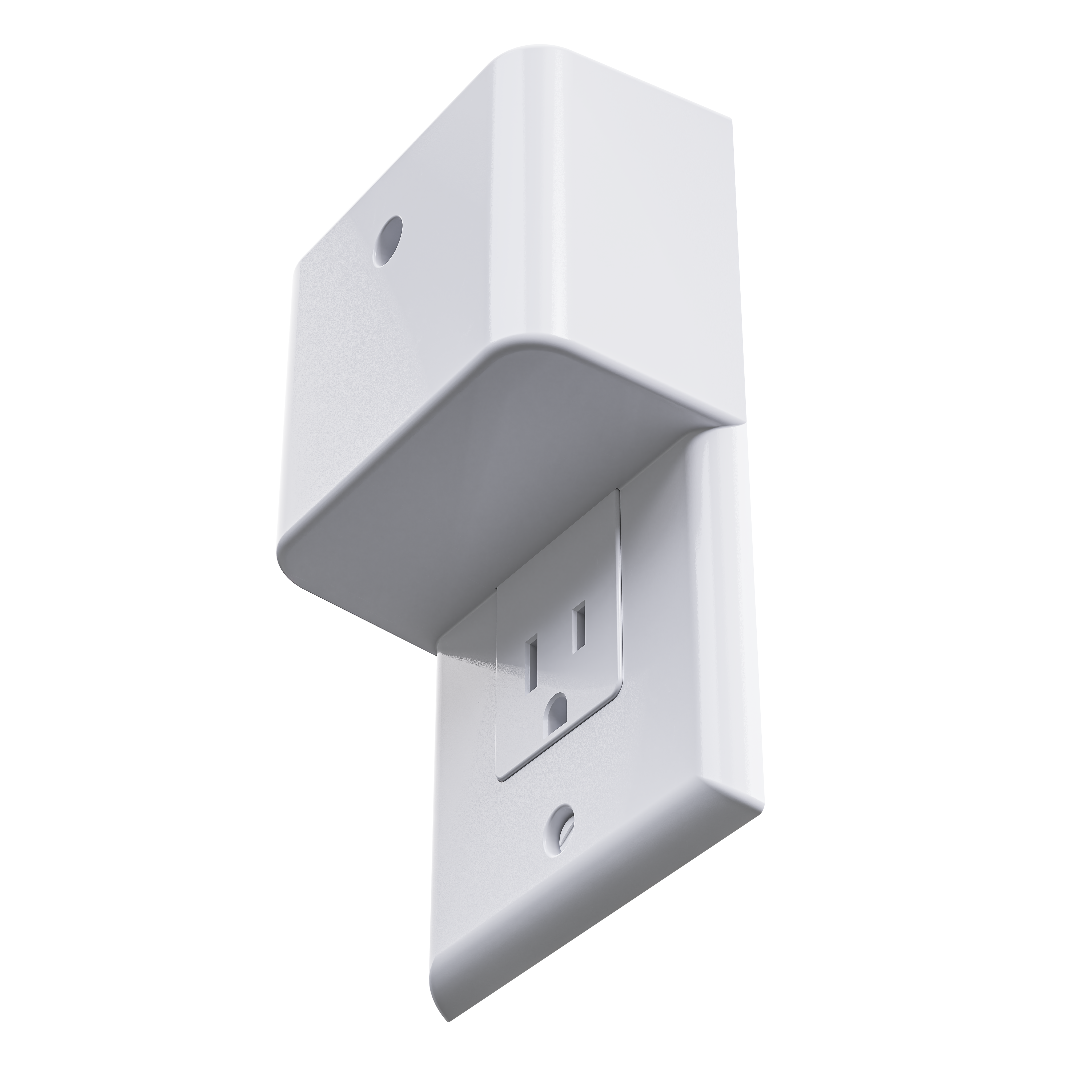 This image shows the Permaplug Charger Lock Decora model, designed for use with decorator-style outlets. The key difference from the standard model is visible: the screw holes are located at the top and bottom of the outlet cover, rather than in the center. This model maintains the sleek, secure design of the Permaplug system while being compatible with Decora-style outlets, ensuring a snug and safe fit.