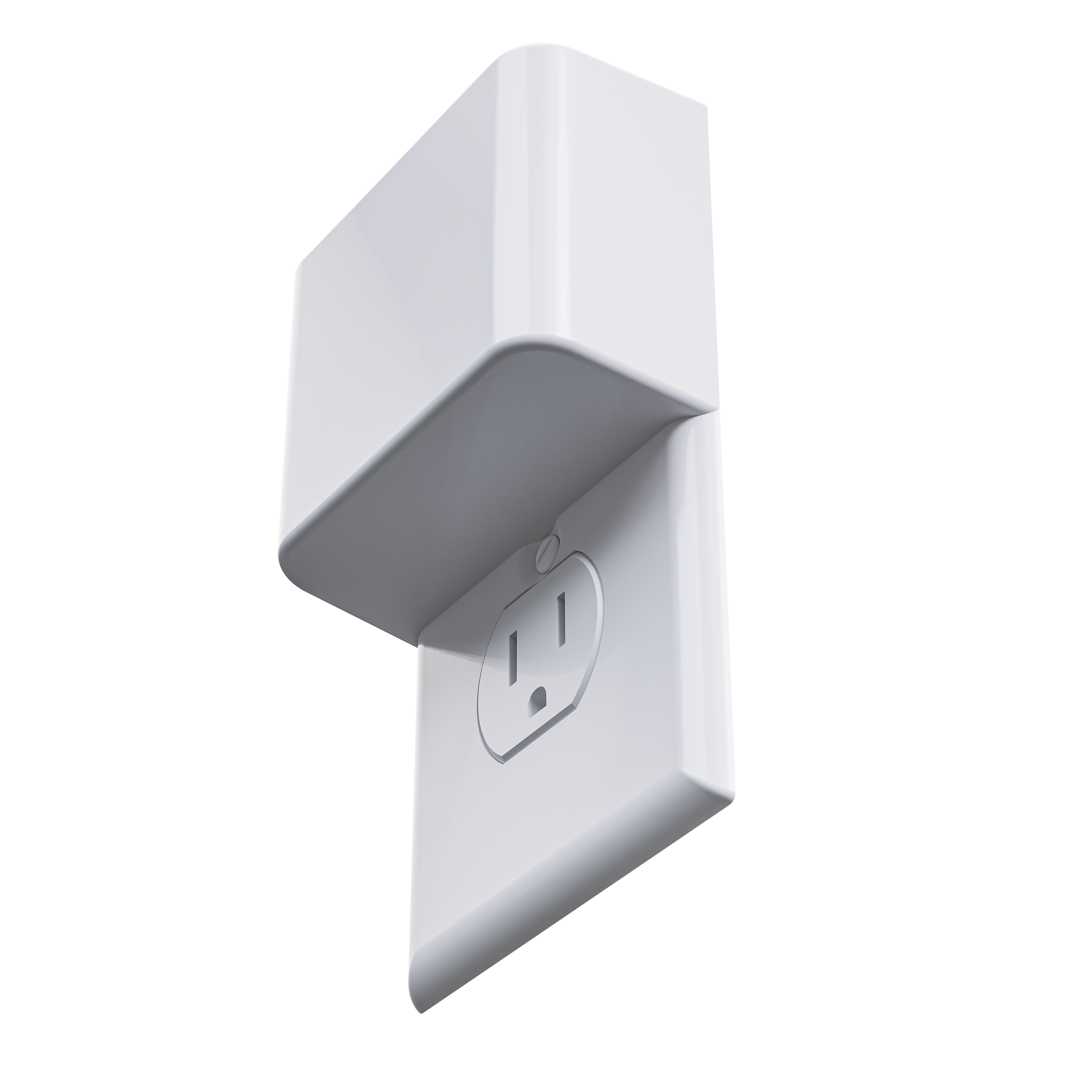 This image shows a close-up of the Permaplug Charger Lock securely attached to a standard wall outlet. The charger lock cover is sleek and minimalistic, wrapping around the top portion of the plug, providing a secure and tamper-resistant charging solution. The angle emphasizes the product's modern design and its functional integration with the outlet.