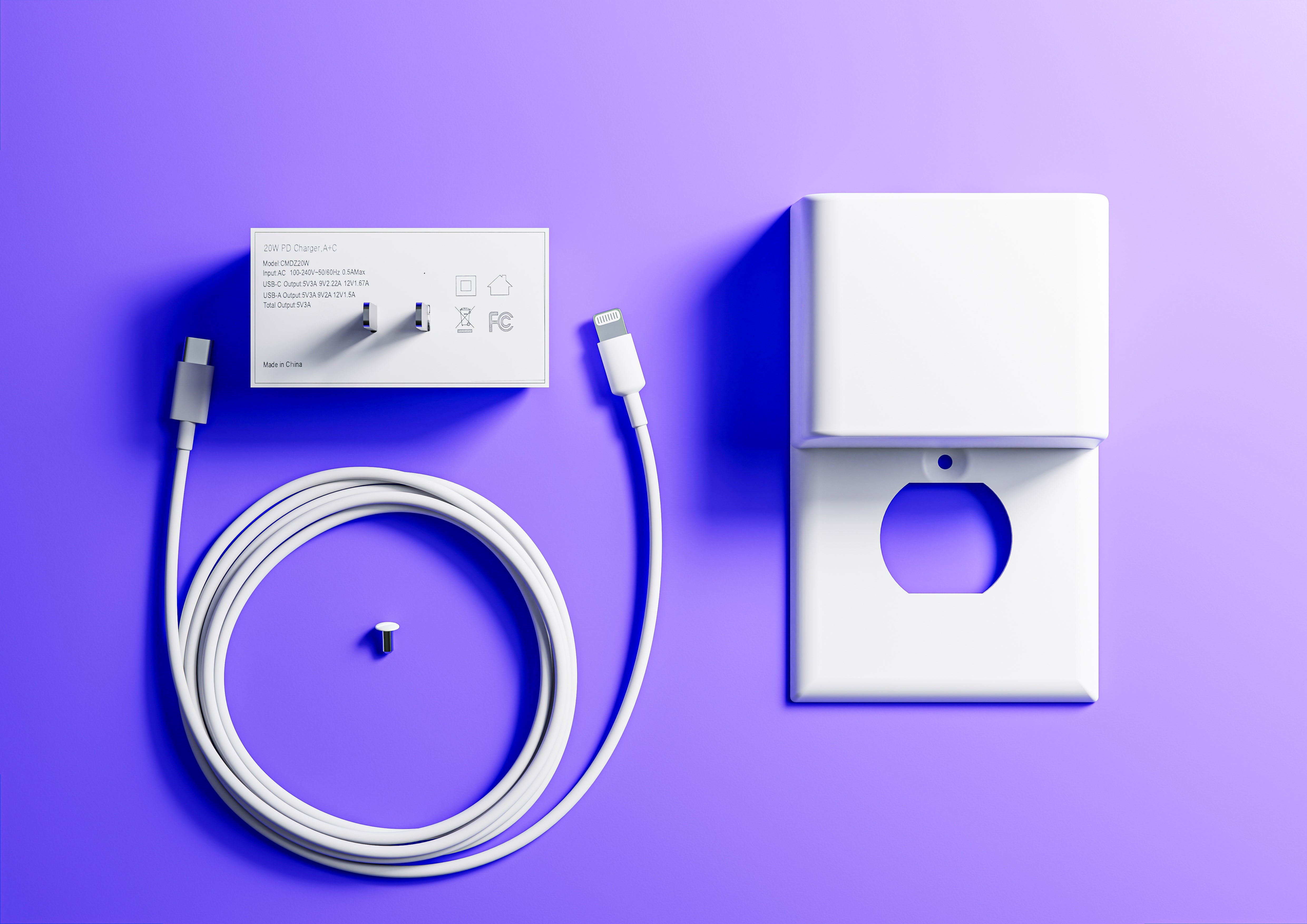 This image shows the components of the Permaplug Charger Lock laid out on a purple background. The items include the charger lock cover, a white charging cable with a USB-C connector, a small screw, and an installation guide with simple diagrams. The display emphasizes the simplicity and ease of installation for the product, highlighting its minimal and user-friendly design.