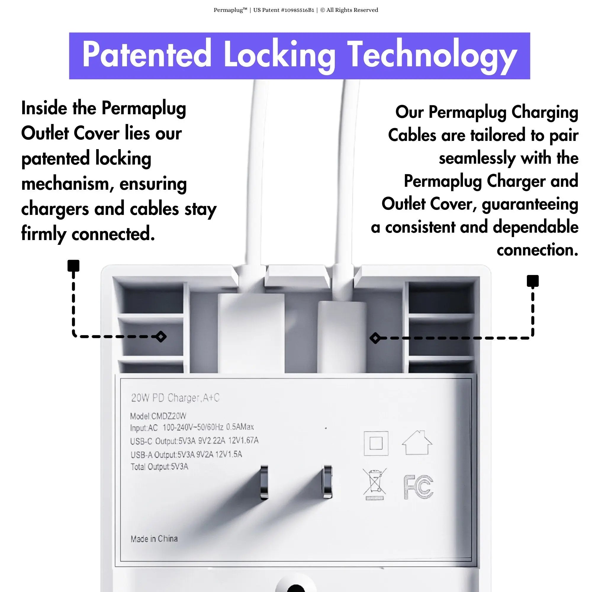 This image highlights the Patented Locking Technology of the Permaplug Charger Lock. It explains that inside the outlet cover lies a patented locking mechanism, ensuring that chargers and cables stay securely connected. The text also emphasizes that Permaplug charging cables are specifically designed to pair seamlessly with the Permaplug Charger and Outlet Cover, guaranteeing a reliable and consistent connection. The visual shows the interior of the outlet cover with the locking tabs that hold the cables in